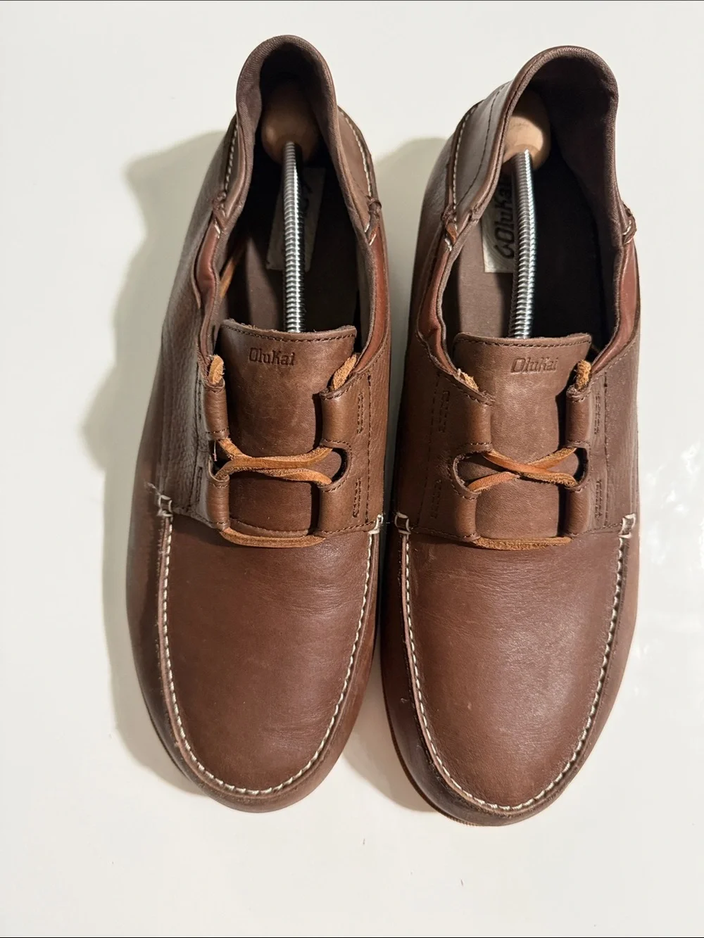 OluKai DEDE Moku Brown Leather MENS Lace-Up Moc Toe Boat Loafers Shoes - Size 13